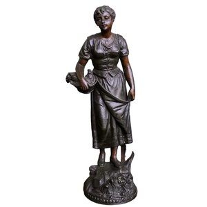19th Century Belle Epoque Sculpture of Woman Carrying Basket with Hen